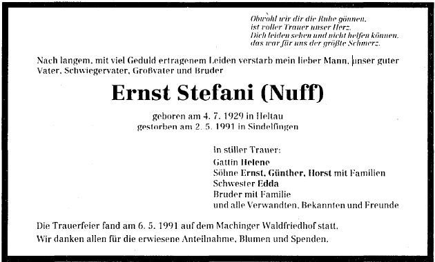 Stefani Ernst 1929-1991 Todesanzeige